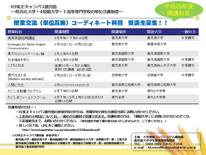 平成２９年度授業交流 単位互換 コーディネート科目の受講生募集について インフォメーション 国立大学法人 鹿児島大学 進取の気風にあふれる総合 大学